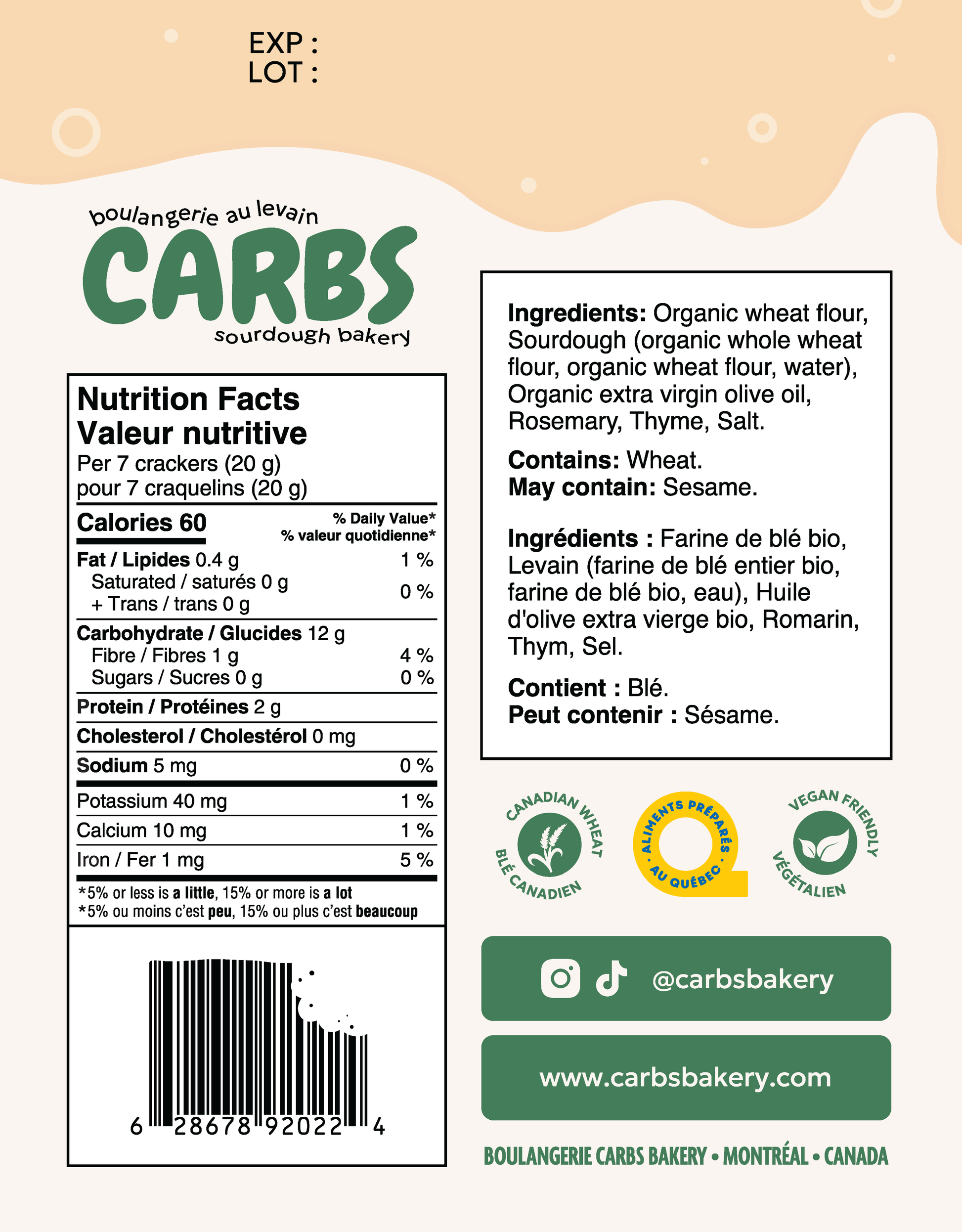 Carbs Sourdough Bakery Rosemary & Thyme Packaging Canada